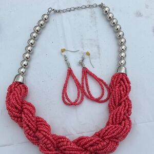 Elegant Red Beaded Necklace and Earring Set